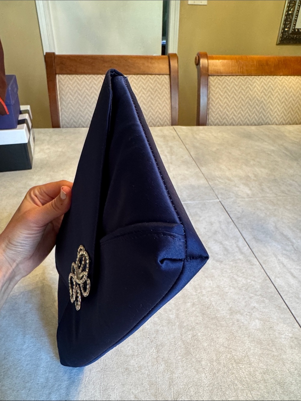 La Regale Navy Satin Envelope Clutch with Crystal Bow Accent - Picture 6 of 9